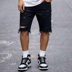 Smoke Rise Mens 32 Slim Fit Distressed Black Denim Jeans  Bermuda Shorts